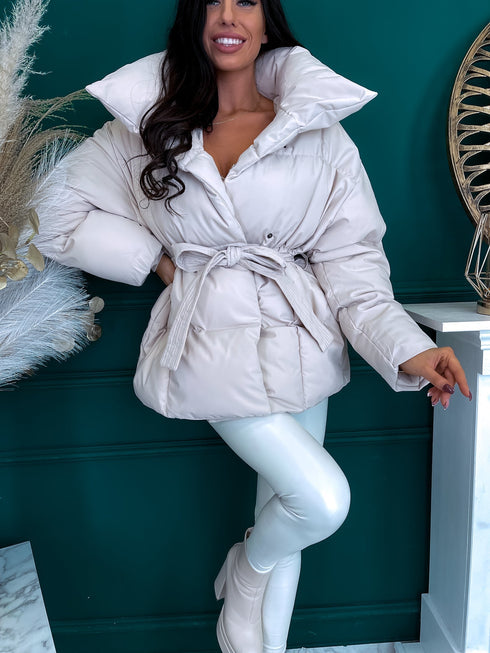 Puffy, short jacket with tie belt - light beige